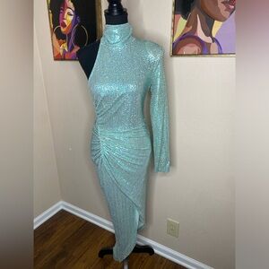Fashion Nova Teal Asymmetrical Sequin Gown!  Size Medium